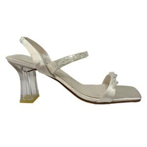 Y2K Vintage White Beaded Square Toe Acrylic Heel Sandals - Women's Size 7.5